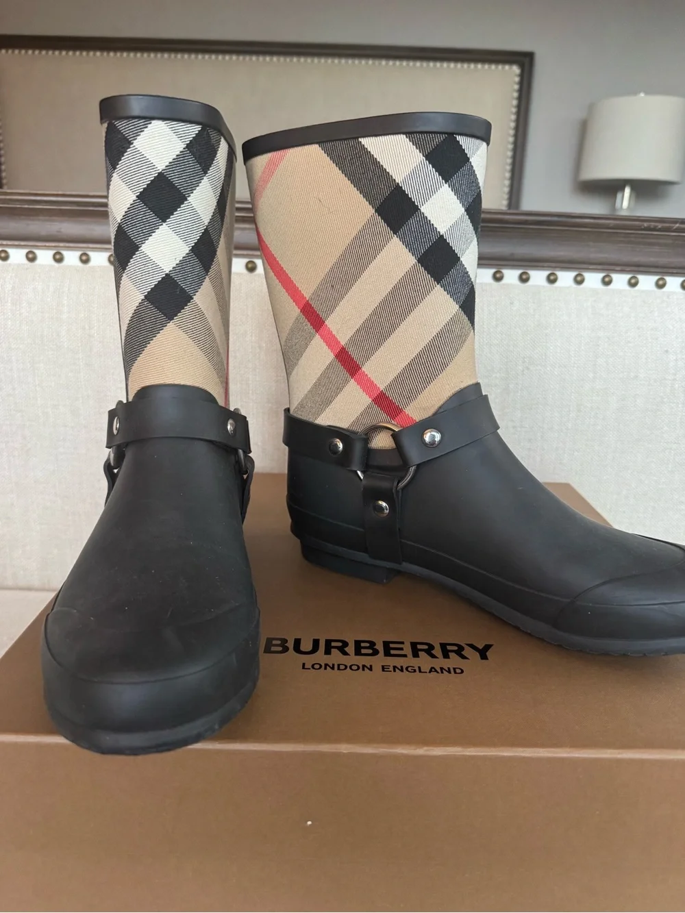 Burberry Black Rubber & Beige Nova Check Mid-Calf Rain Boots